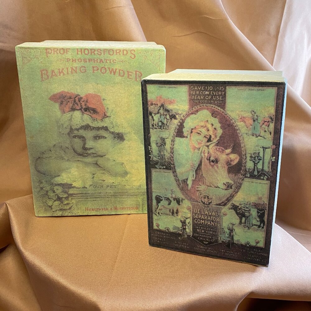 Set of 2 Antique Looking De Laval Separator Co & Baking Powder Paper Mache Boxes